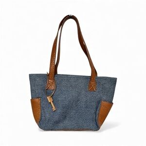 VTG Fossil Purse Satchel Bag Canvas Blue Denim Brown Top Handle 14"